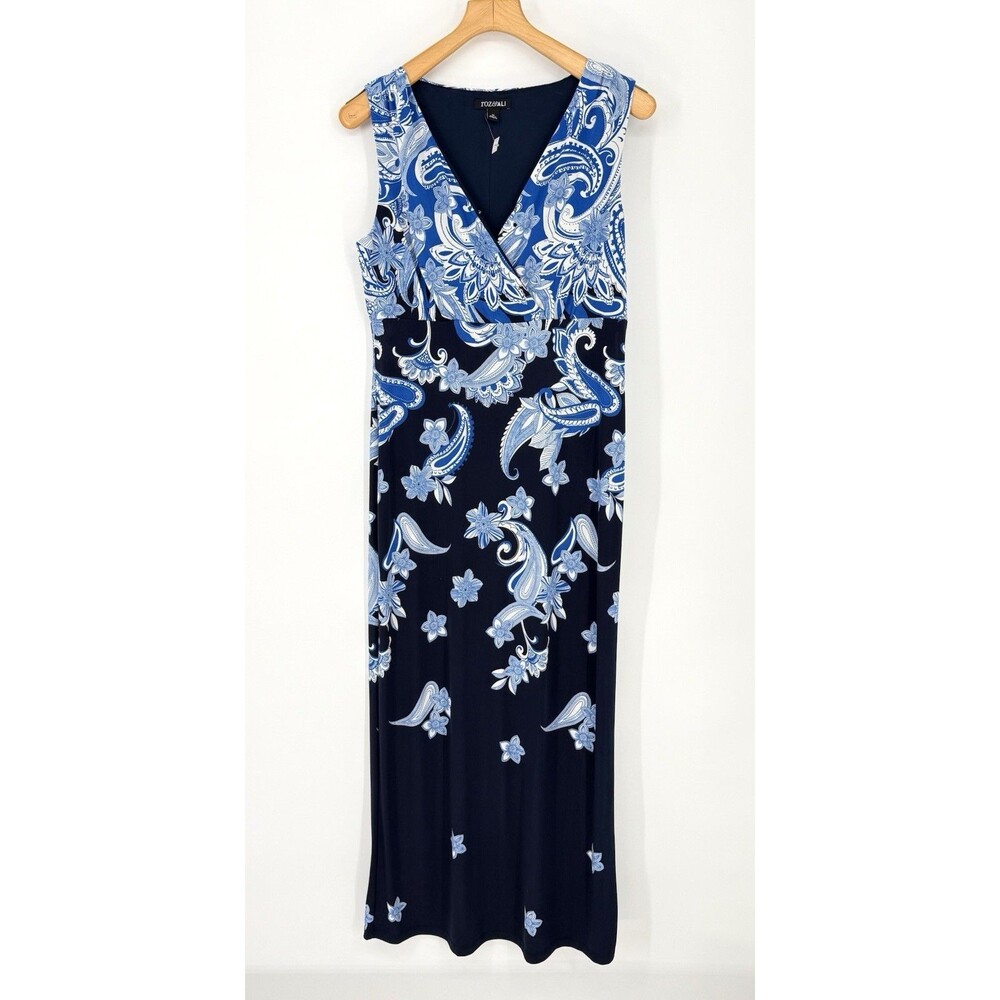 Roz & Ali Navy with Paisleys Floral Women’s Maxi‎ Dress Size Medium Stretch NWT